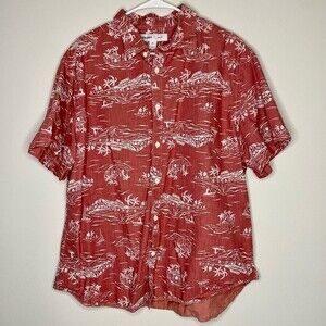 Old Navy Slim Fit Size XXL Pale Red Palms Huts Boats Hawaiian Shirt 100% Cotton